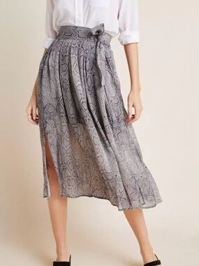 Anthropologie Gray Snake-Print Pleated Maxi Skirt